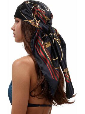 Women's Navy Printed Square Scarf Bandanas Hair Scarf 35 Inches